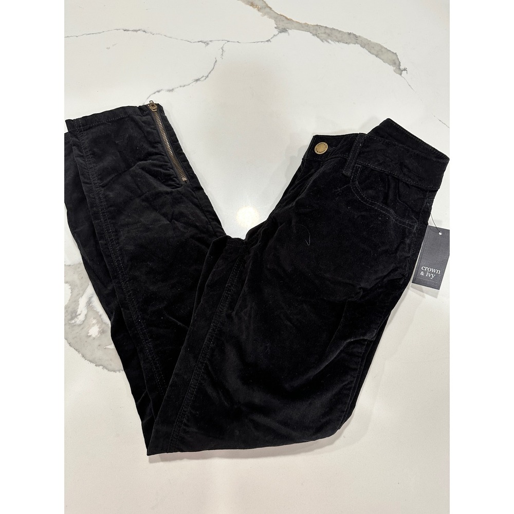 Crown & Ivy Black Velvet Skinny Pants Women's Size 2‎ Zipper Ankle